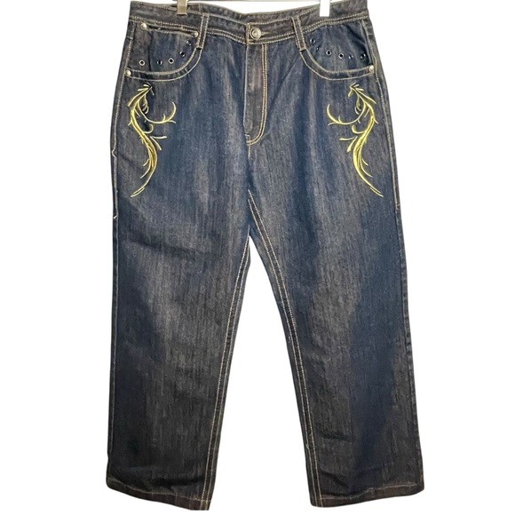 Vtg Y2K Delf Trading Imperious Mens Embroidered Blue Denim Skulls  W38 L32 - Picture 2 of 16